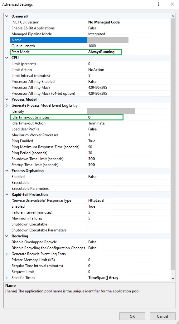 App Pool parameters for keeping the application running file